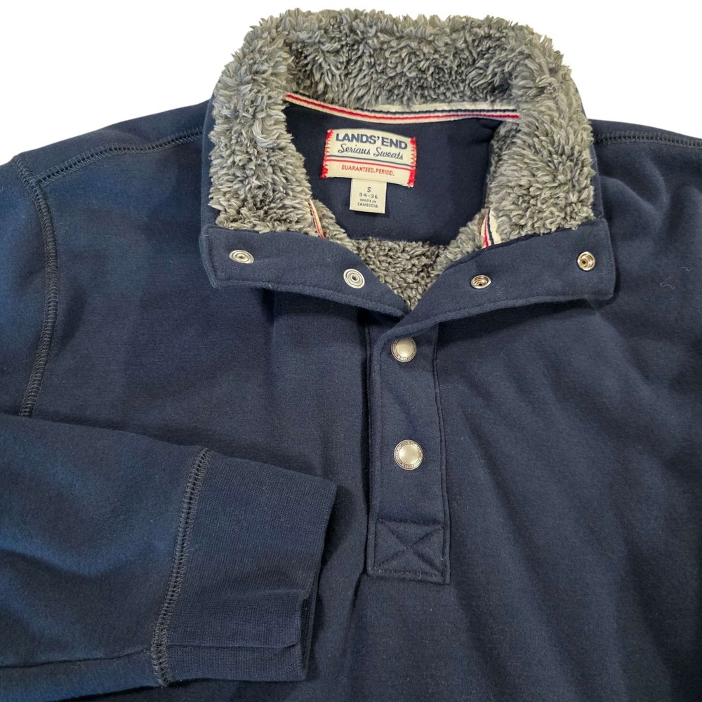 Lands End Fleece Lined Snap Neck Pullover Sweatshirt Navy Blue Size S Cozy Warm - Picture 7 of 11